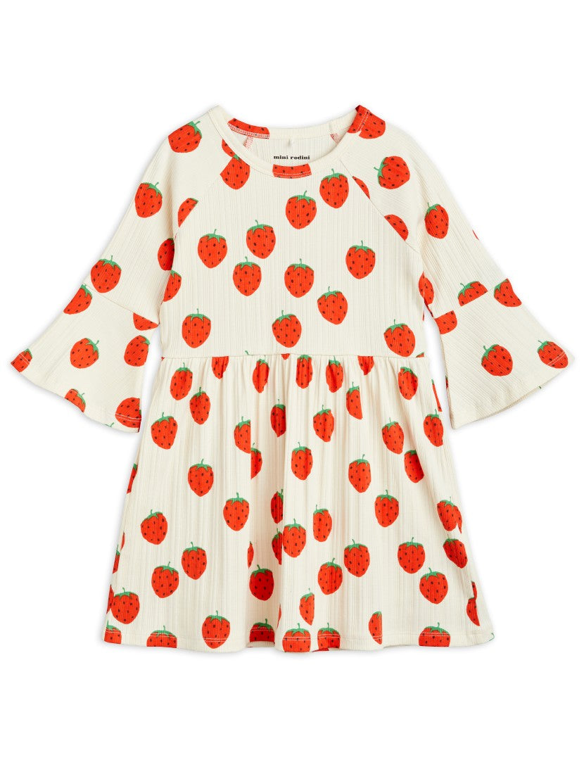 mini rodini strawberry dress Mini Rodini Strawberries AOP Trumpet Sleeve Dress – GREY + WILD